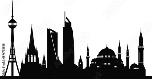 City skyline silhouette featuring famous world landmarks and modern buildings in black vector style for travel, architecture and tourism illustration design