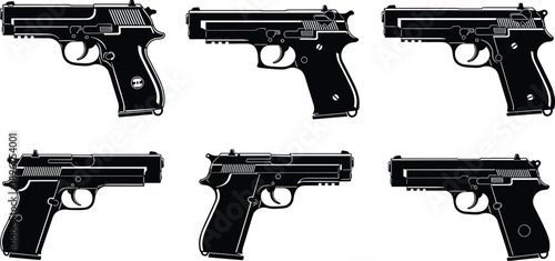 Pistol handgun silhouette collection featuring modern firearm models in black vector style for military, security, defense and weapon design illustration
