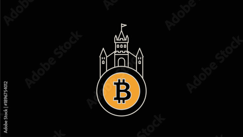 Secure Digital Currency: Bitcoin Symbol with Castle Outline on Black Background, Representing Blockchain Technology Protection and Financial Strength