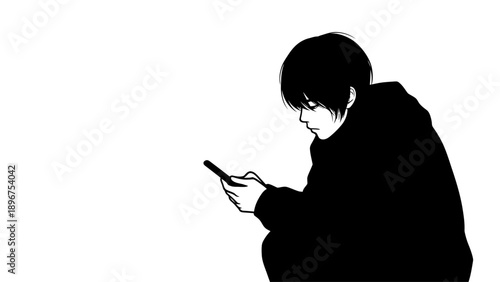 Manga style illustration of a young man crouching, deeply engrossed in his smartphone, black and white drawing depicting digital connection.