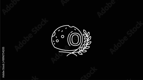 Minimalist line art illustration of a stylized celestial body with a laurel wreath. Modern cosmic design graphic element on black.