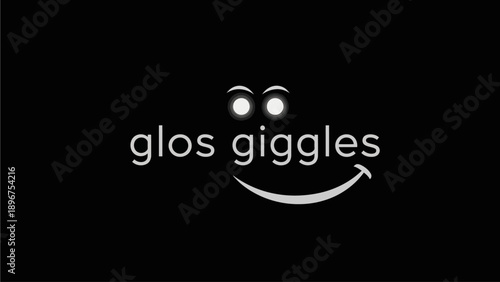 Abstract minimalist happy face icon with smiling eyes and text 'glos giggles' on a black background, simple graphic design.
