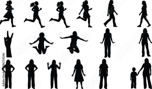 Female silhouette collection showing running walking jumping and standing poses for creative design, motion concepts, fitness and lifestyle vector illustration