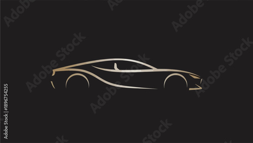 Elegant Golden Outline of a Modern Sports Car. Sleek Luxury Vehicle Line Art Silhouette on Dark Background.