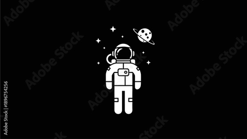 Minimalist flat design illustration of an astronaut floating in space with stars, moon, and a ringed planet background. Space exploration concept.