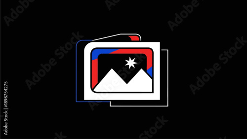 Abstract graphic icon of multiple stacked photos on a black background, symbolizing a digital gallery, portfolio, or media display.