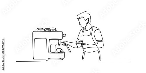 A continuous line art drawing of a barista making coffee with an espresso machine Vector, illustration