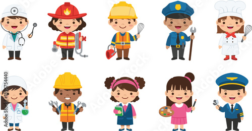 Cute Kids Professional Occupation Character Illustration Set with Doctor, Firefighter, Builder, Police Officer, Chef, and Worker Costumes for Education Designs