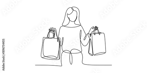 A continuous line art drawing of a woman holding multiple shopping bags. Vector, illustration