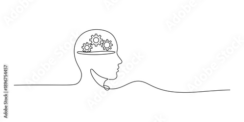 A continuous line art drawing of a human head with cogwheels symbolizing thought process Vector, illustration