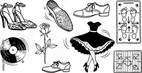 Black and white line art collection of dance shoes dress rose vinyl record and footwork diagrams for ballroom dancing illustrations