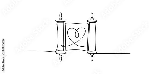 A minimalist single continuous line drawing of a torah scroll unrolling with a heart shape Vector, illustration
