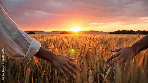 Hands Reaching Out in Wheat Field Sunset.
