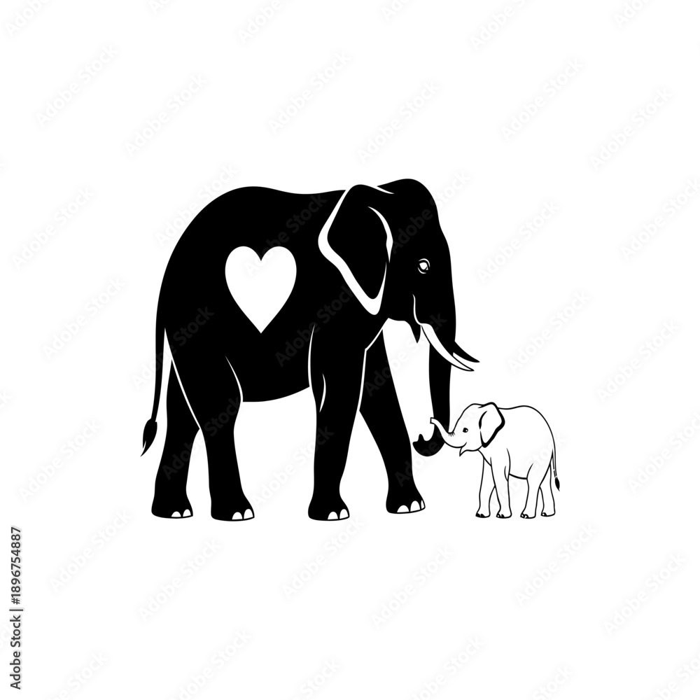 Obraz premium Mother Elephant and Baby Silhouette with Heart – Cute Animal Family Love Vector Illustration