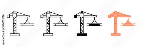 Set of minimalist crane icons with transparent background, depicting heavy lifting equipment for construction, industrial machinery, urban development, and building sites, vector illustration