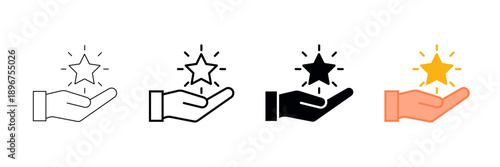 Set of minimalist hand holding star icons with transparent background, for user interface elements, rating systems, favorite selections, and premium content, vector illustration