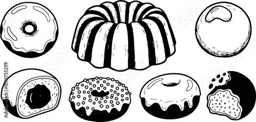 Black and white hand drawn vintage style donut and bundt cake illustrations set with iced and filled pastries