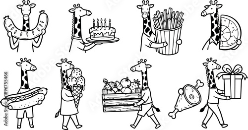 Black and white line art of cartoon giraffes holding oversized food items and gifts in various poses isolated on white background