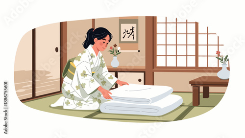 Woman in traditional kimono arranging futon bedding in a serene Japanese-style room vector illustration of a peaceful domestic scene 46.eps
