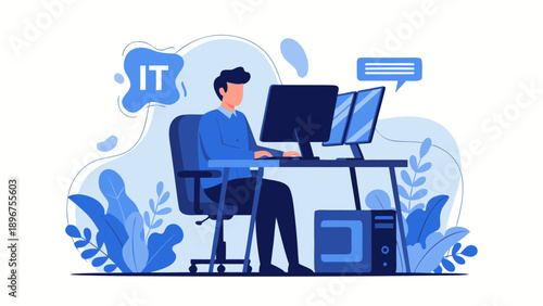 Vector illustration depicting an IT specialist coding and providing technical support with dual monitors in a modern digital workplace environment