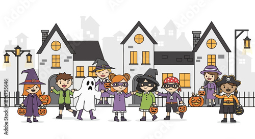Cartoon Halloween illustration featuring children dressed in costumes trick or treating in
