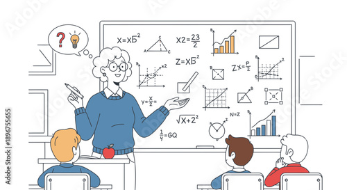 Cartoon illustration depicting a teacher explaining mathematics to students at a blackboard filled