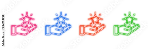 Neon glowing hand holding star vector icons set, achievement, quality, success, magic, wish, feedback, sparkling vibrant colorful design.