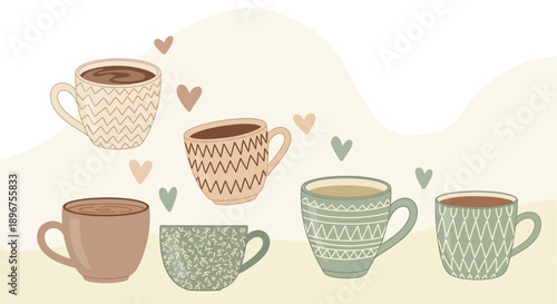 Charming collection of mugs filled with coffee and tea beverages vector illustration, a cozy and