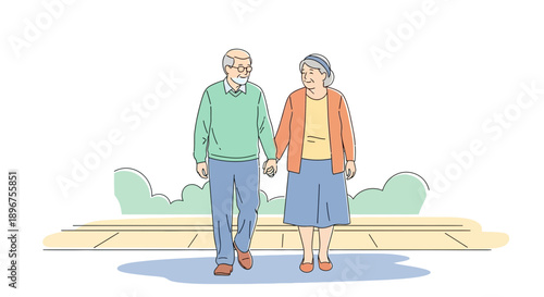 Charming illustration of an elderly couple enjoying a leisurely walk together outdoor, radiating
