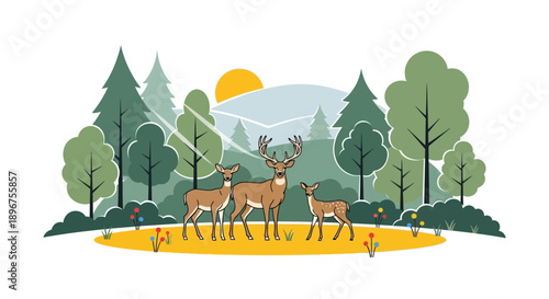 Charming illustration of a deer family in a serene forest landscape at sunrise nature scene