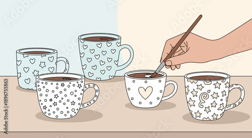 Charming illustration of assorted coffee cups with unique designs and hand stirring