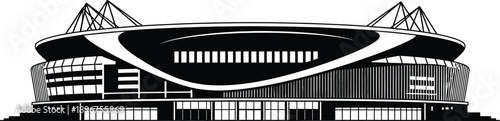 Black and white illustration of a large modern sports stadium with a unique roof design
