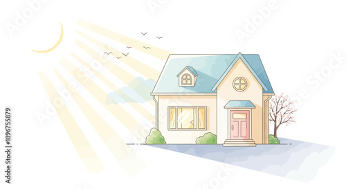 Charming residential house illustration bathed in sun rays evoking peaceful atmosphere