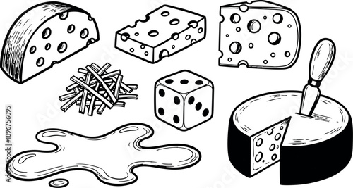 Hand drawn black and white illustration of assorted cheese pieces with knife dice and shredded cheese elements isolated on white background