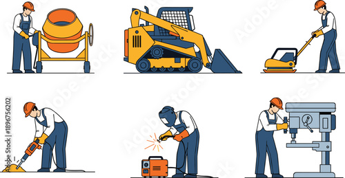 Construction Workers and Heavy Machinery Set Featuring Professional Builders Jackhammer Cement Mixer Forklift and Industrial Equipment for Building Site Vector Illustration