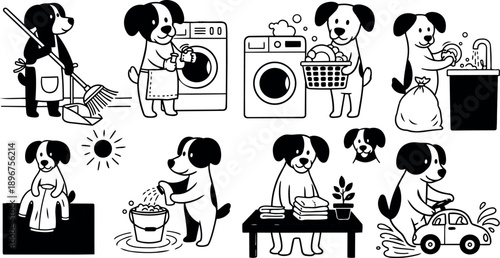 Cute black and white cartoon dog doing laundry washing folding cleaning washing car and household chores in simple style