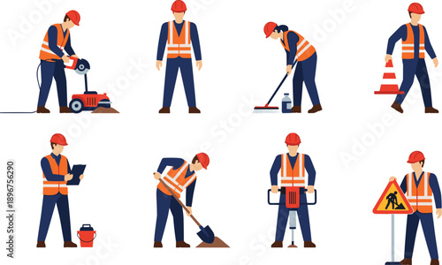 Construction Workers Set with Industrial Tools Jackhammer Shovel Road Signs and Safety Vest for Infrastructure Maintenance Building Site Vector Illustration Pack