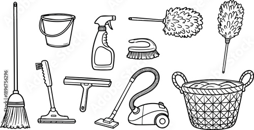 Black and white line art of various cleaning tools including broom bucket spray bottle vacuum mop brush and dusters isolated on white background