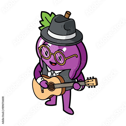 Cartoon Grape Character Playing Guitar with Glasses and Hat.