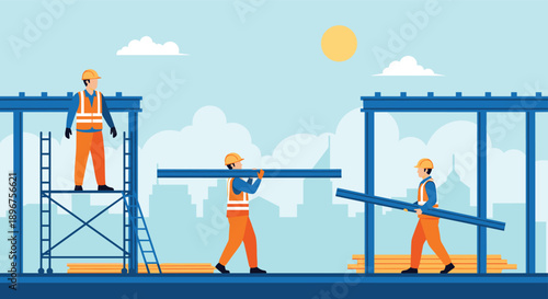 Construction workers building steel frame structure on site, engineers carrying beams, industrial building process, urban development, architecture, safety, civil