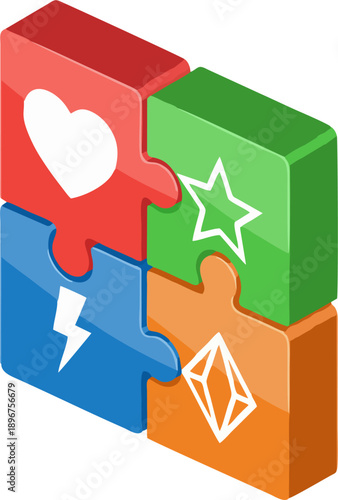 Colorful Jigsaw Puzzle Pieces with Heart Star Lightning Diamond Symbols, Vector Icons