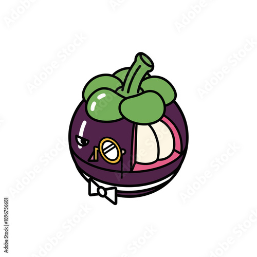Cute anthropomorphic mangosteen character wearing a tuxedo and monocle.