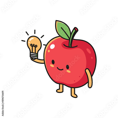 Cute Apple Character Holding a Bright Light Bulb Symbolizing a New Idea.