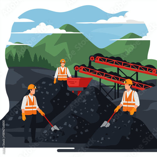 Vector illustration of miners working together at a coal mine with heavy machinery in a mountainous landscape