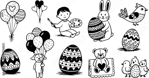 Black and white hand drawn easter bunny holding decorated egg with children balloons chicks and painting boy illustration set