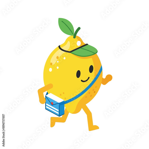 Cute cartoon lemon character with a mail bag and cap running.
