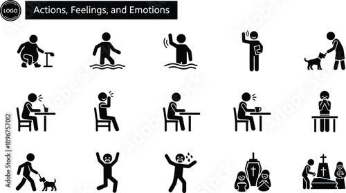 Actions feelings emotions pictogram chart, walking cane water waving book feeding dog shouting praying mourning crying funeral grave, psychology concept illustration