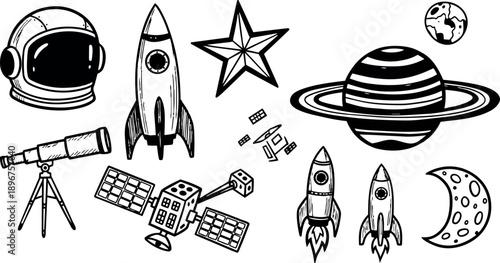 Hand drawn black and white space doodles including astronaut helmet rocket ship telescope planets moon and satellites in sketch style