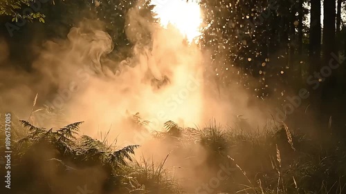 Misty Forest Scene with Sunlight Filtering.