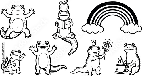 Black and white line art whimsical lizard characters with crown flower book cup and rainbow illustration set cute hand drawn